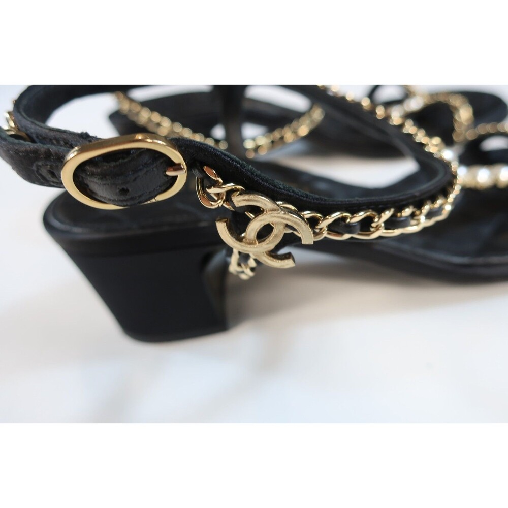 Chanel Black Lambskin Quilted Chain Sandals Pearl Heels T Strap 2022 Size 36 6 - Picture 10 of 13